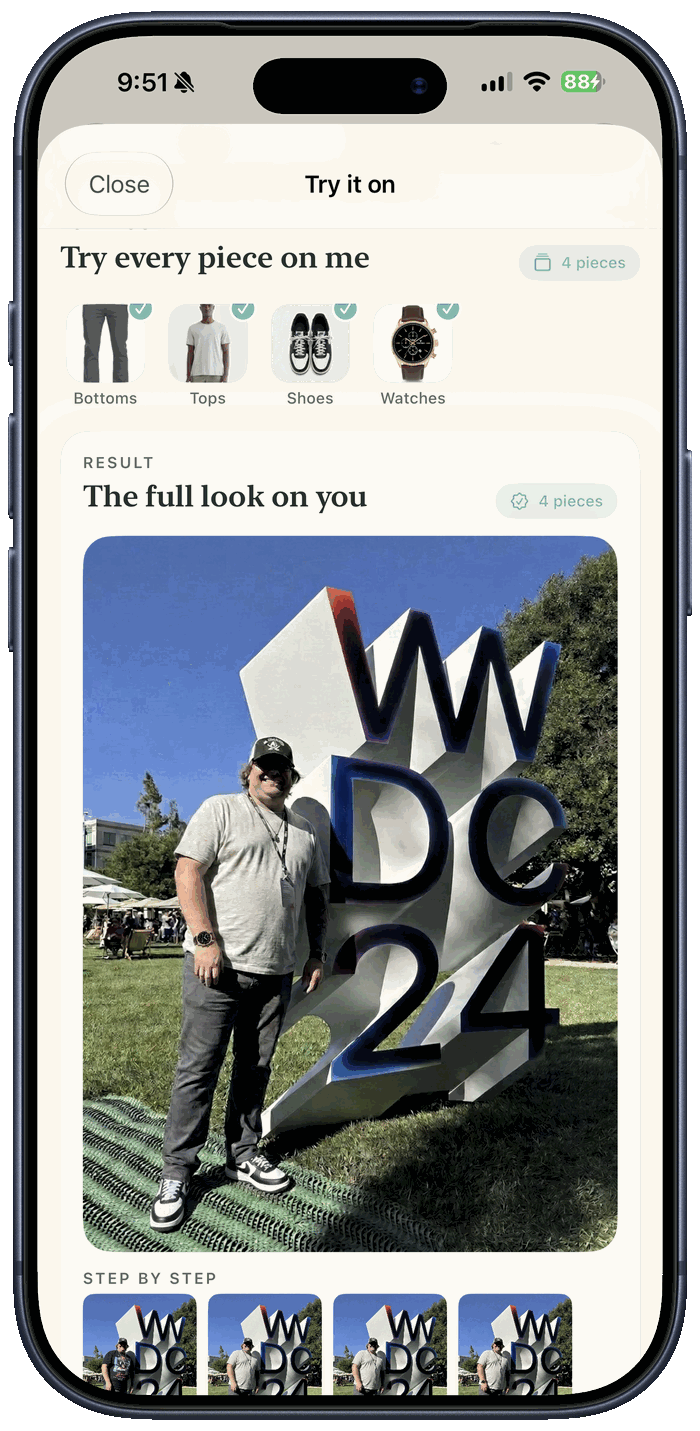Curio Closet & Outfit Planner Virtual Try-On showing a full outfit rendered on a person