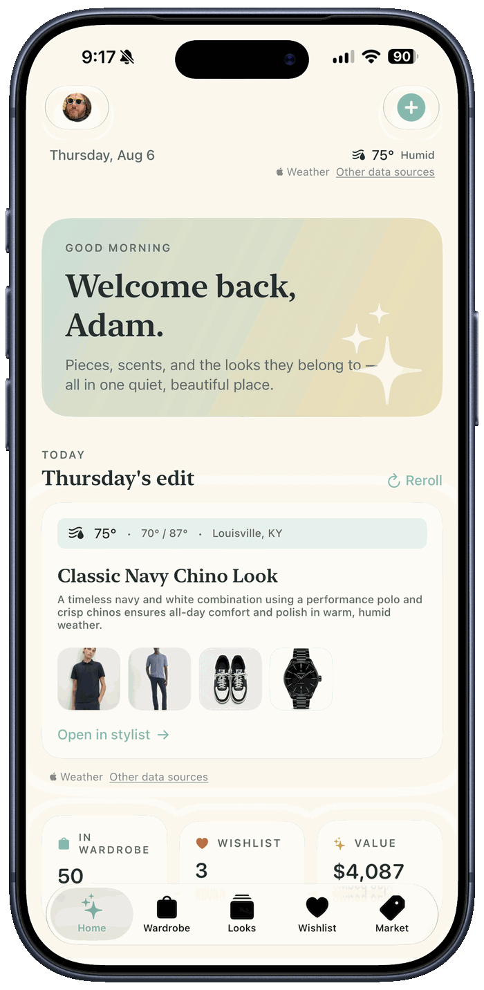 Curio Closet & Outfit Planner home screen with a daily AI-styled 'Classic Navy Chino Look' and wardrobe stats