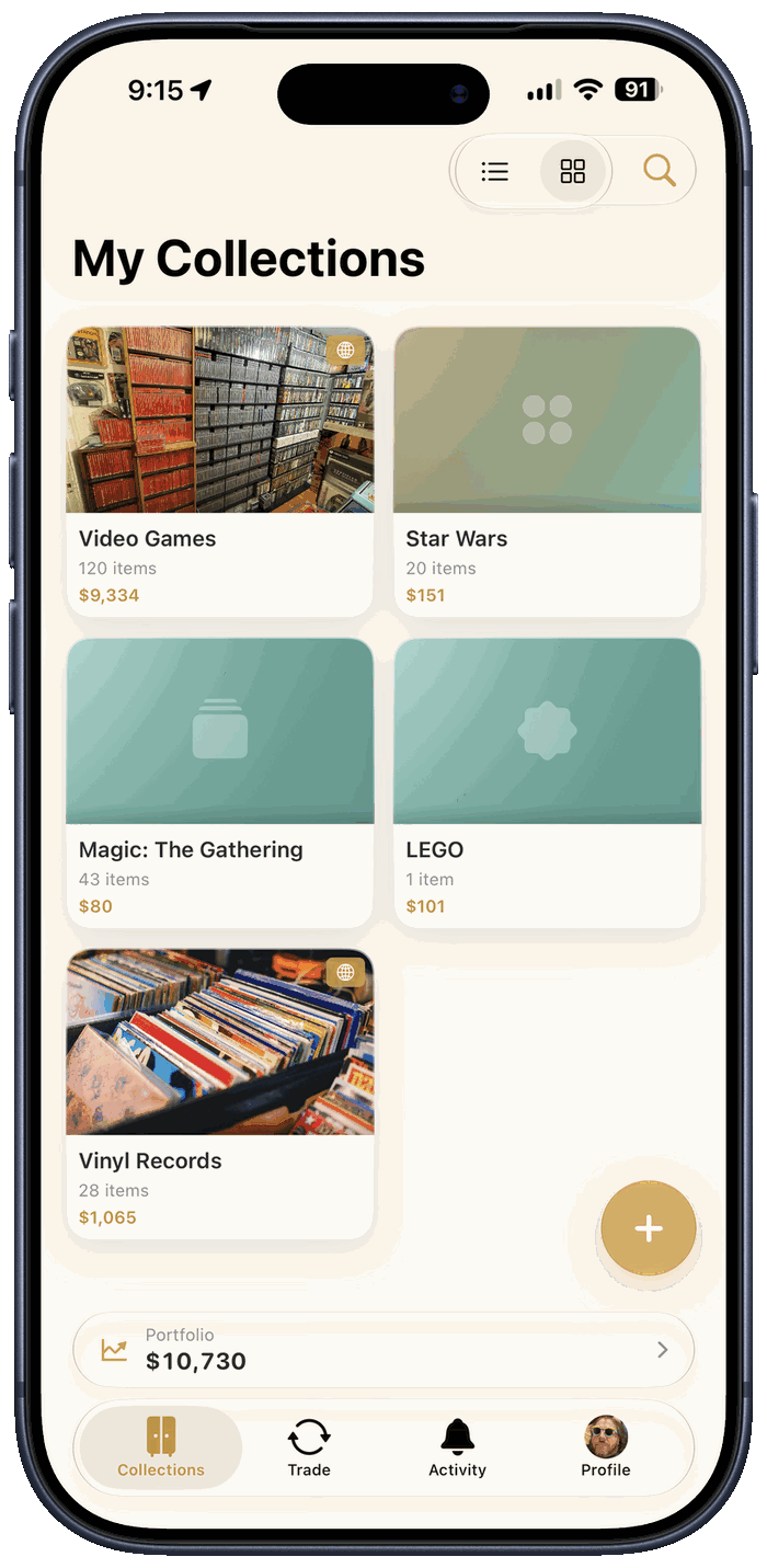 Curio Collection Tracker showing the My Collections grid — Video Games, Star Wars, Magic: The Gathering, LEGO and Vinyl Records, with a $10,730 portfolio