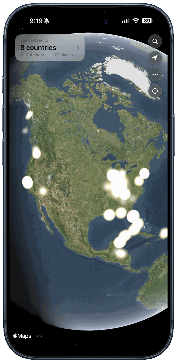 Curio Travel Map & Countries showing a 3D globe of North America lit with photo-density glow — 8 countries, 31,714 photos, 1,179 places